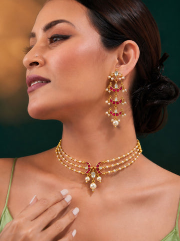 Gold Plated Red Kundan Chand Pearl Choker Necklace Set with Earrings