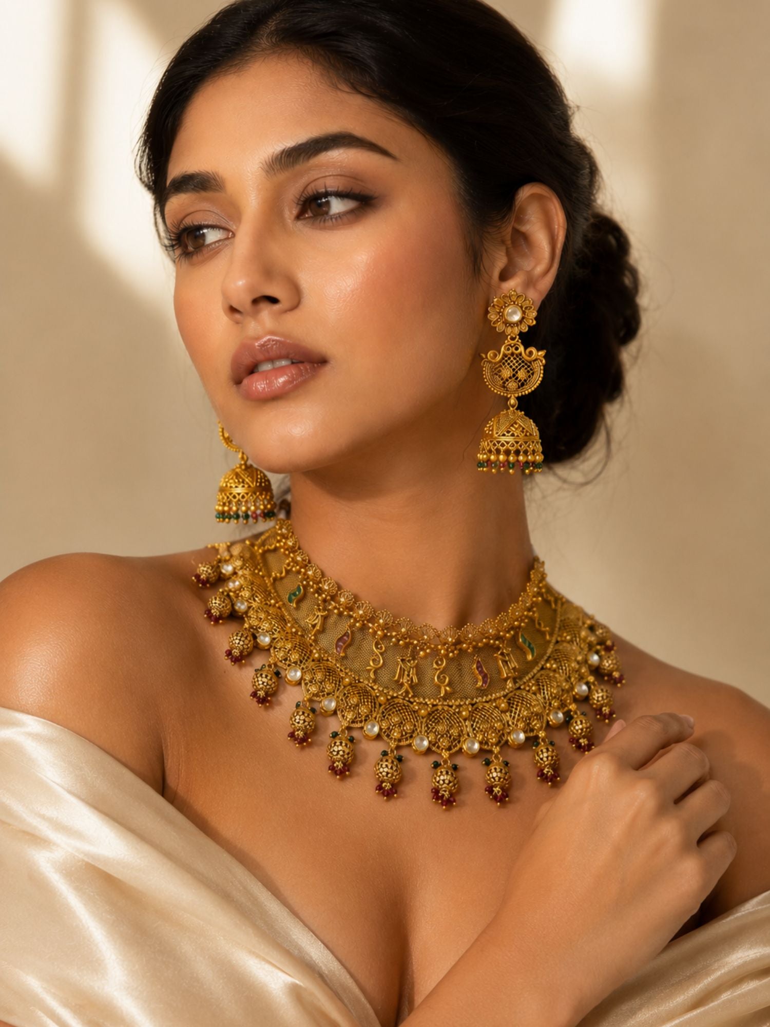 Bridal Antique Temple Choker Necklace Set in Gold Plating | Abdesigns