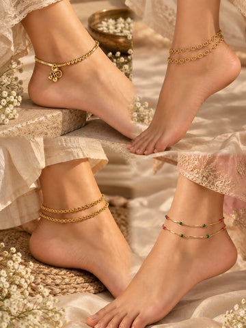 Combo Of 4 Gold Plated Minimal Chain Payal Anklets for Women