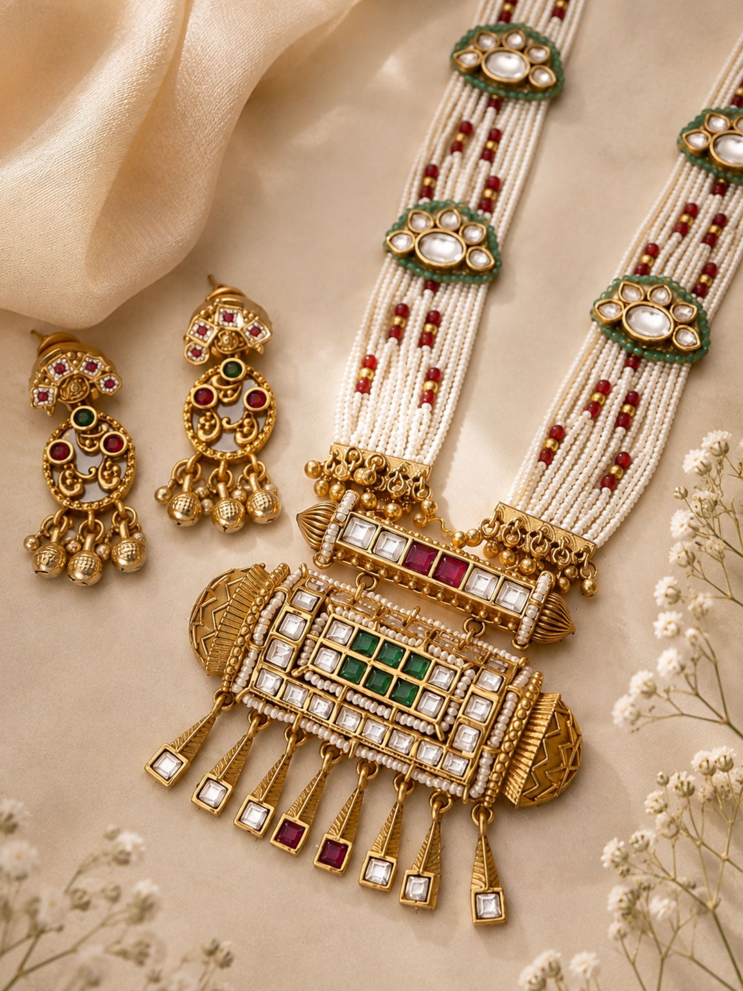 Antique Gold Plated Multicolor Kundan Pearl Layered Mala Necklace Set with Earrings