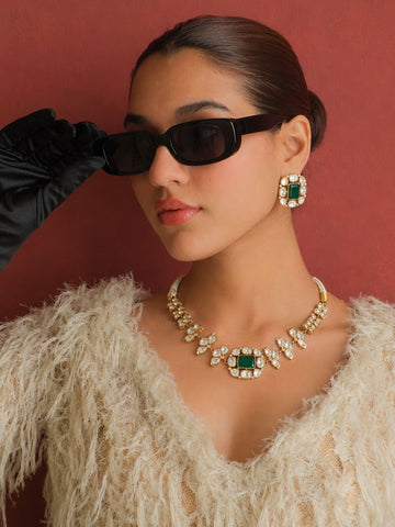 Gold Plated Green Kundan Floral Necklace Set for Women