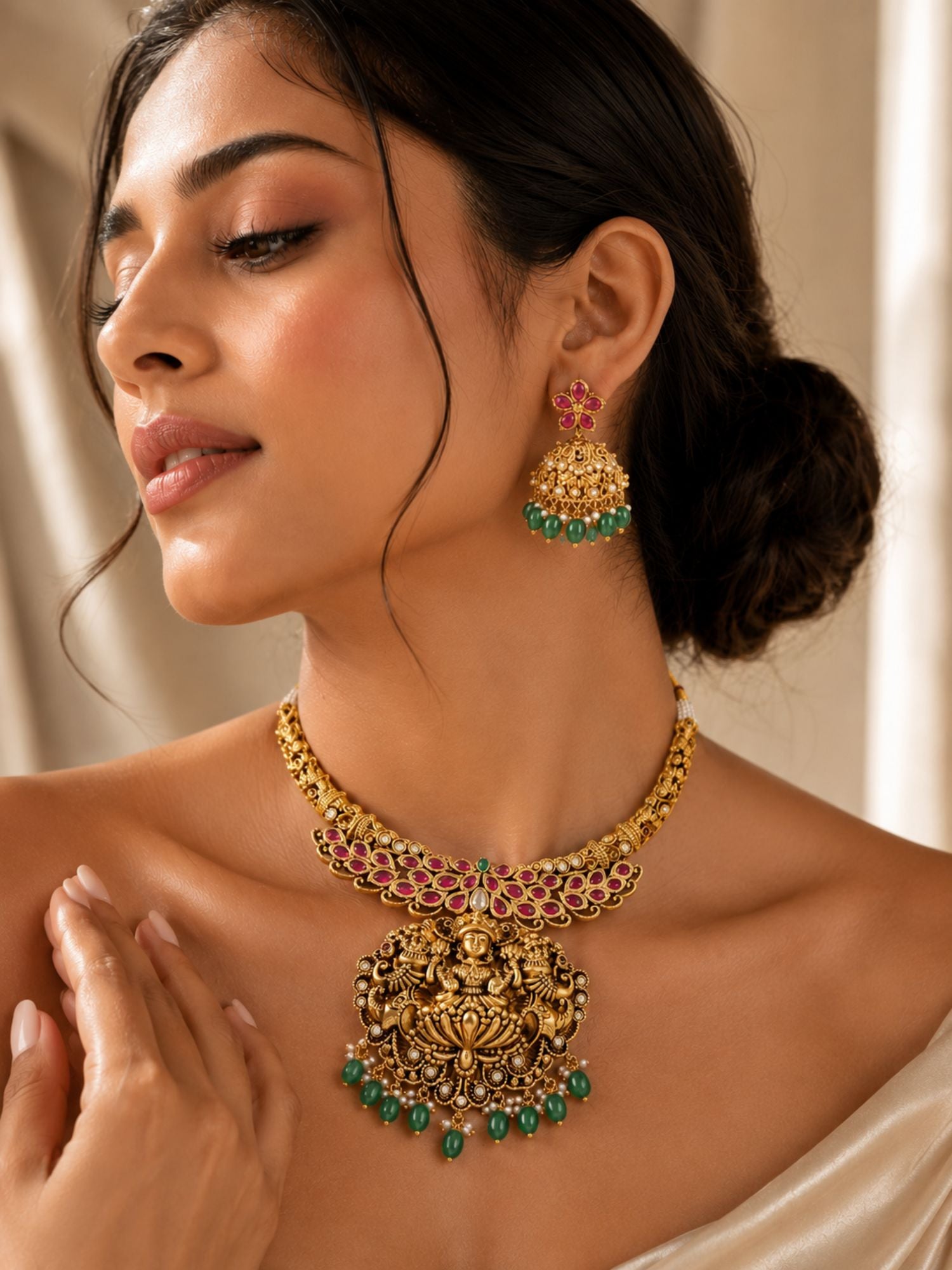 Abdesigns Royal Lakshmi Temple Necklace Set with Antique Gold Finish & Green Drops