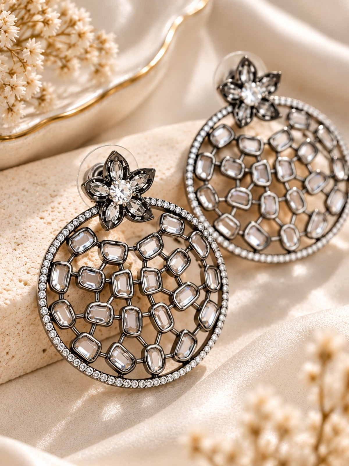 Black Rhodium Kundan Polki Floral Statement Earrings | Abdesigns