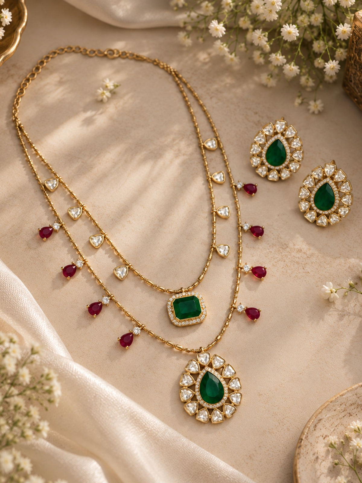 Gold Plated Multicolor Kundan Layered Necklace Set with Earrings