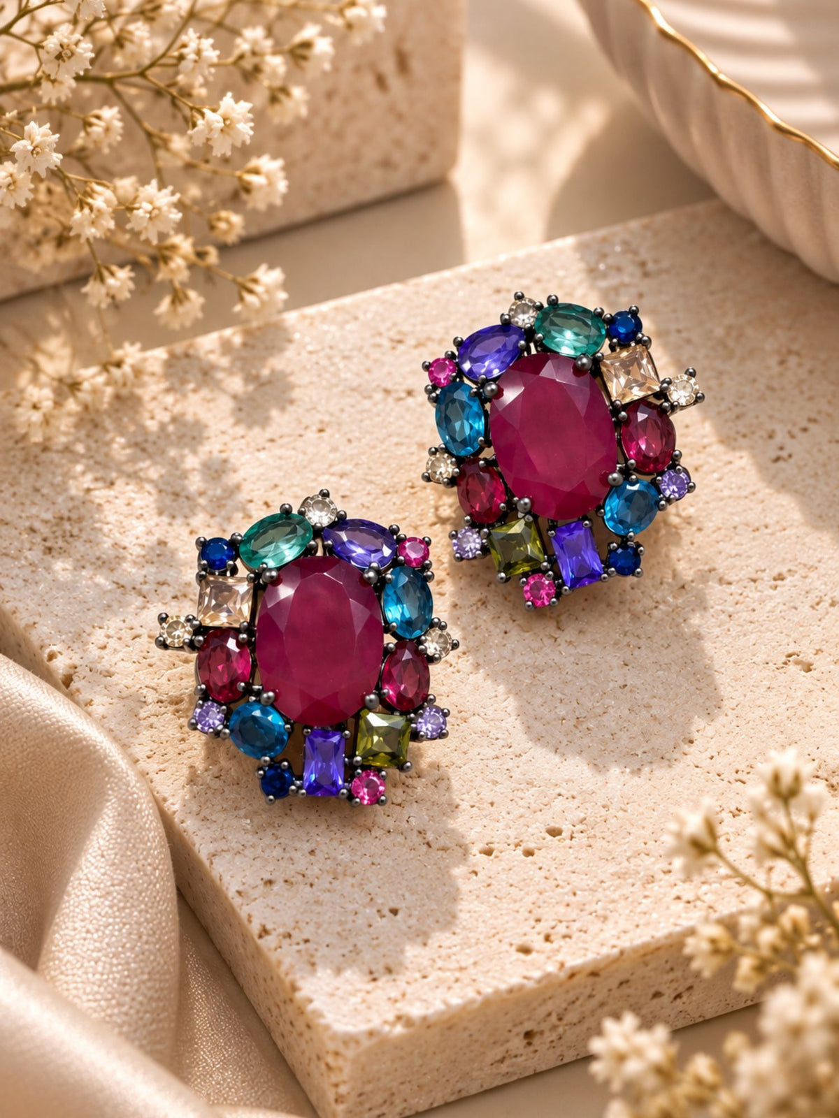 Silver Black Rhodium Plated Multicolor Crystal Oval Statement Earrings