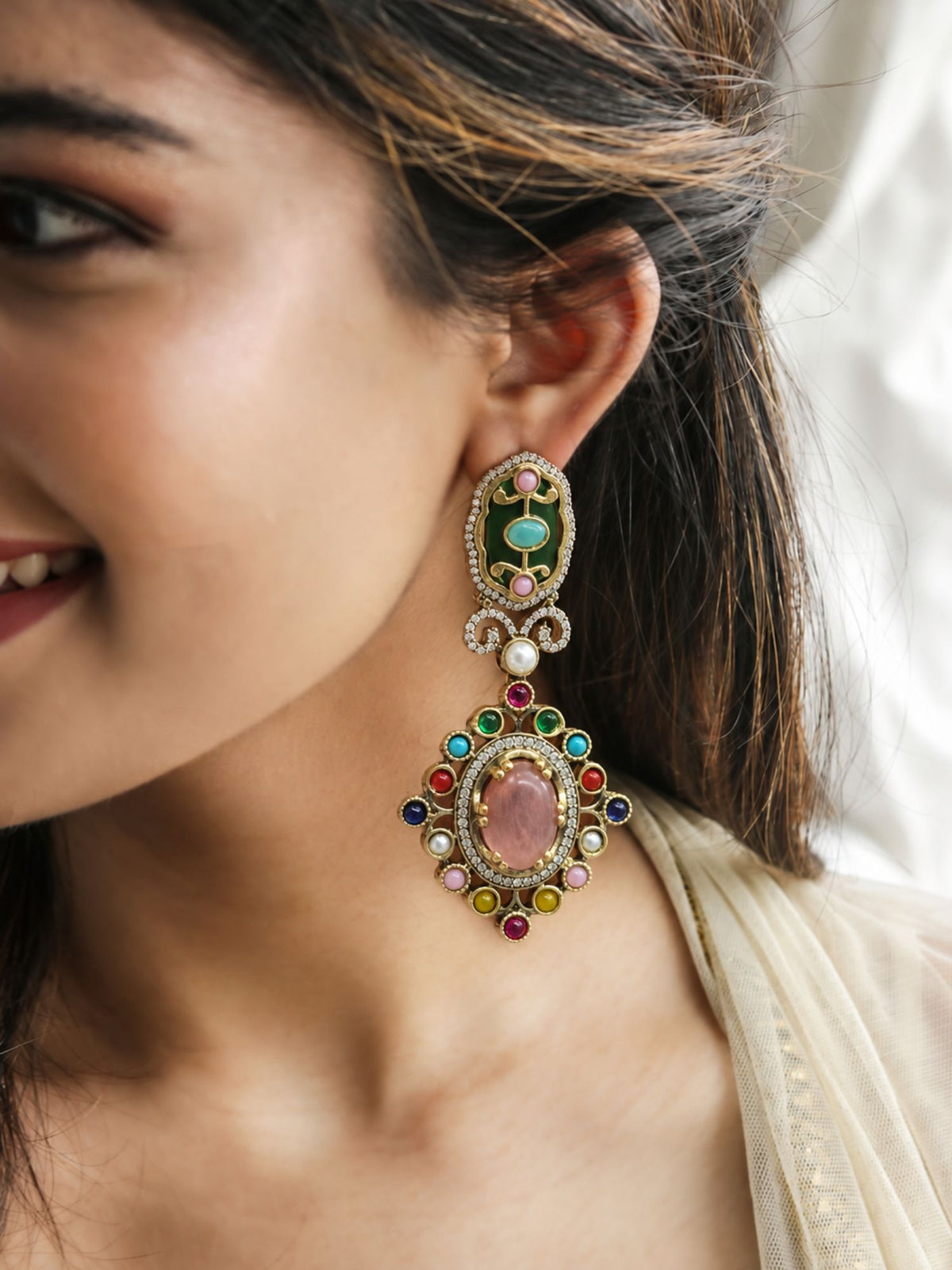 Victorian Oxidsed Gold Drop Earrings in Multicolor Stones – Festive | Abdesigns