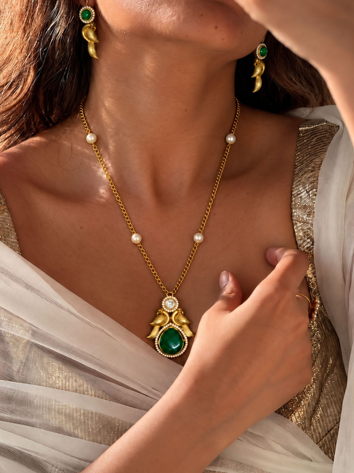 Gold Plated Green Stone Bird Pendant Necklace Set with Earrings for Women