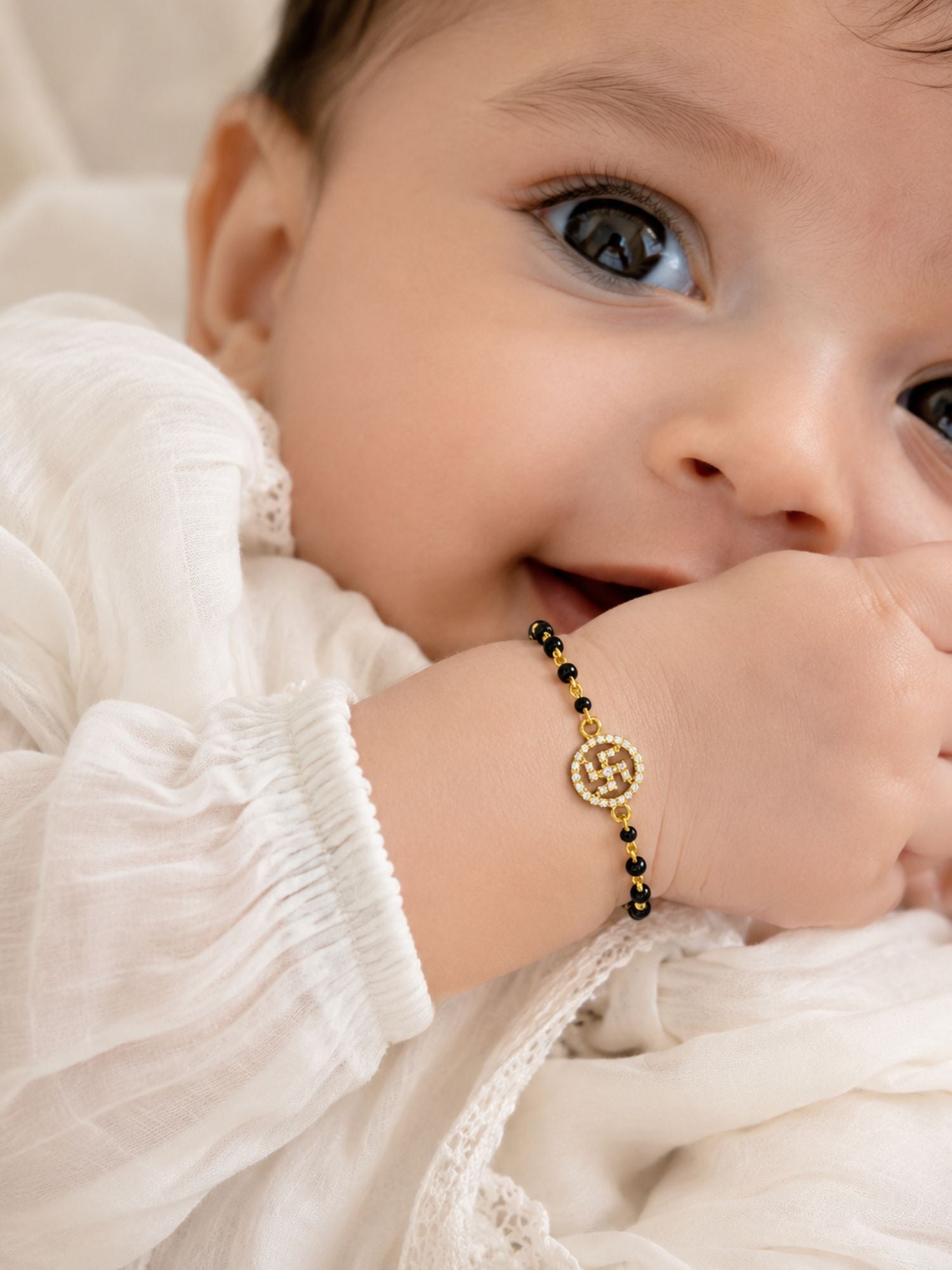 925 Sterling Silver Gold Plated Swastik Baby Nazariya Bracelet with CZ