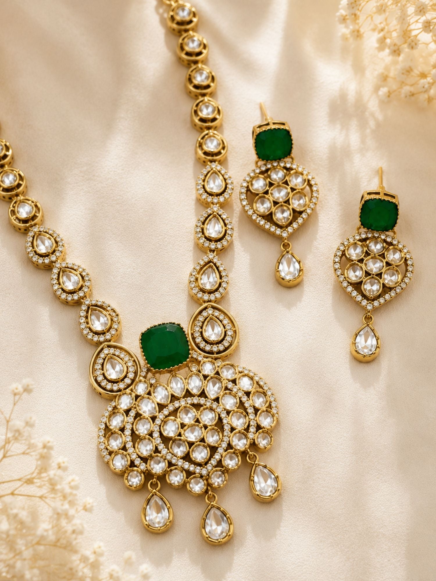Green Kundan Pendant Necklace Set in Gold Plating | Abdesigns