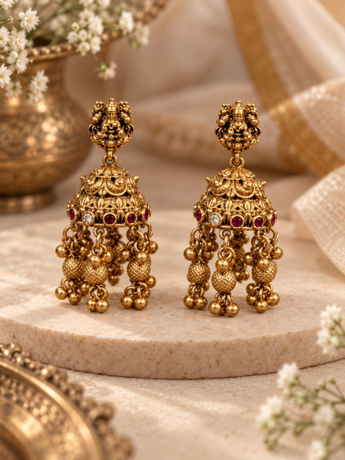 Gold Plated Temple Lakshmi Hasli Necklace Set with Jhumka Earrings