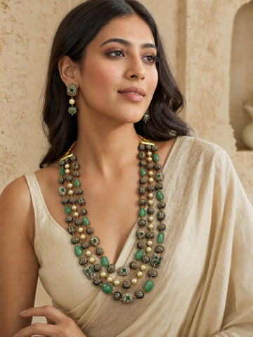 Antique Gold Plated Green Bead Pearl Mala Necklace Set with Earrings