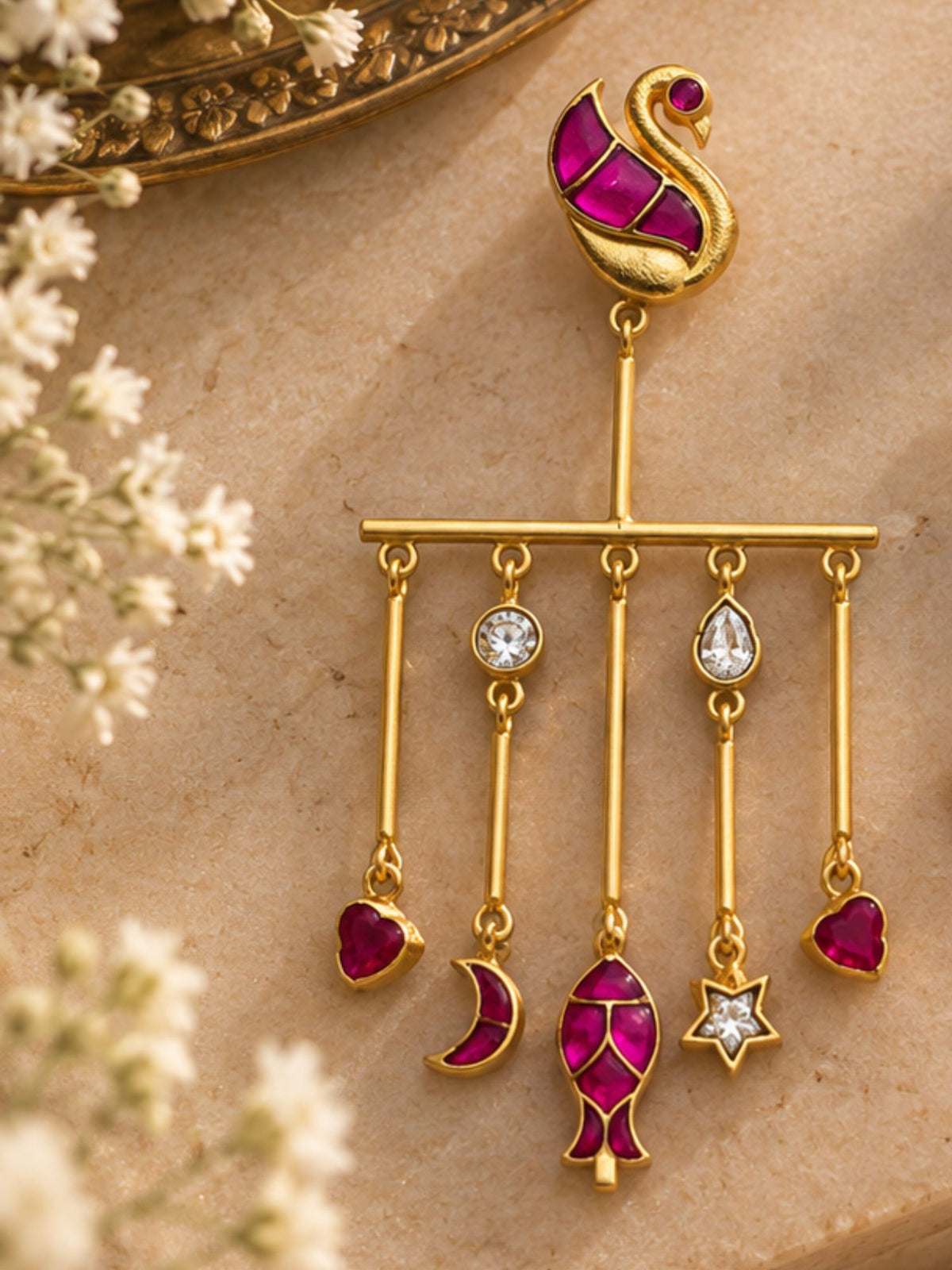 Gold Plated Pink Meenakari Charm Long Statement Earrings for Women
