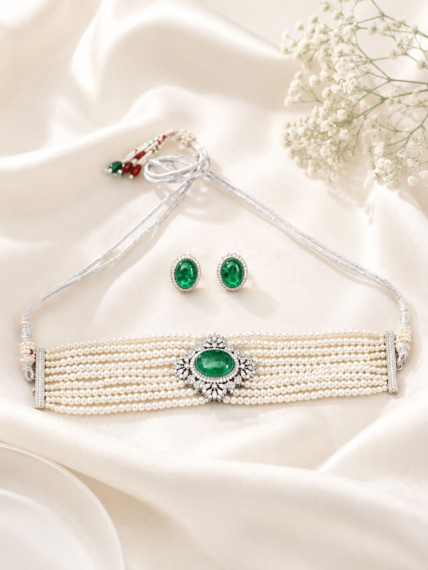 Emerald Pearl Choker Necklace Set in Silver Plating | Abdesigns