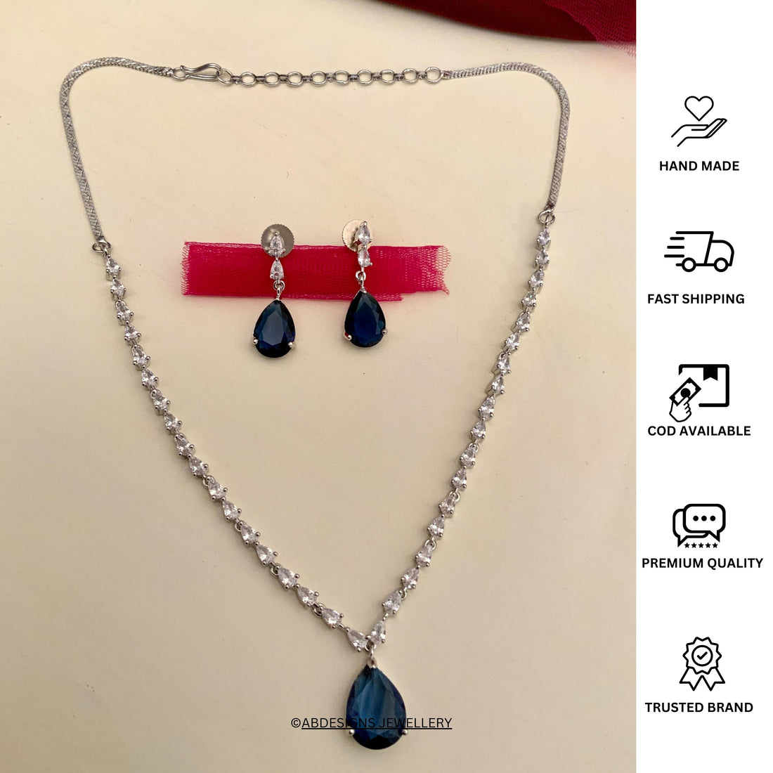 Silver Plated Necklace Set American Diamonds And blue Stone