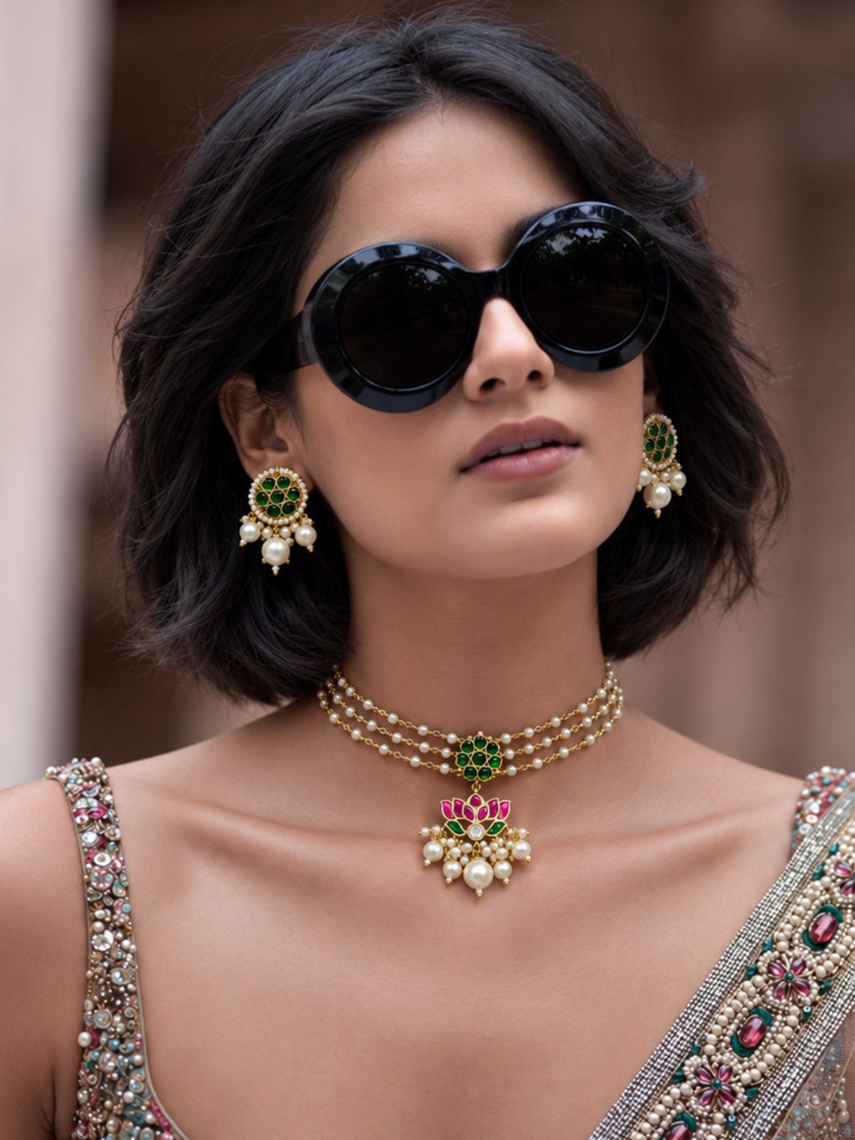 Gold Plated Kundan Green Stone Lotus Pearl Choker Necklace Set with Earrings for Women
