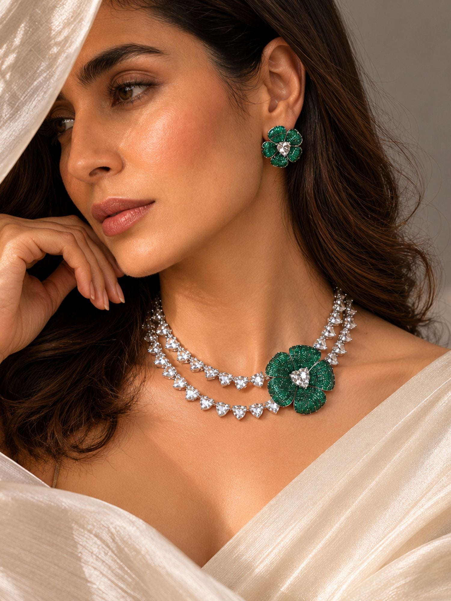 Emerald Bloom Floral Necklace Set with Crystal Petal Drops - necklace by Abdesigns Jewellery