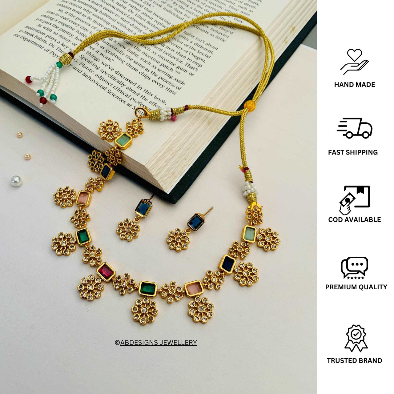 Aesthetic Gold Plated Kempstone Necklace With Pair Of Earrings - Abdesignsjewellery