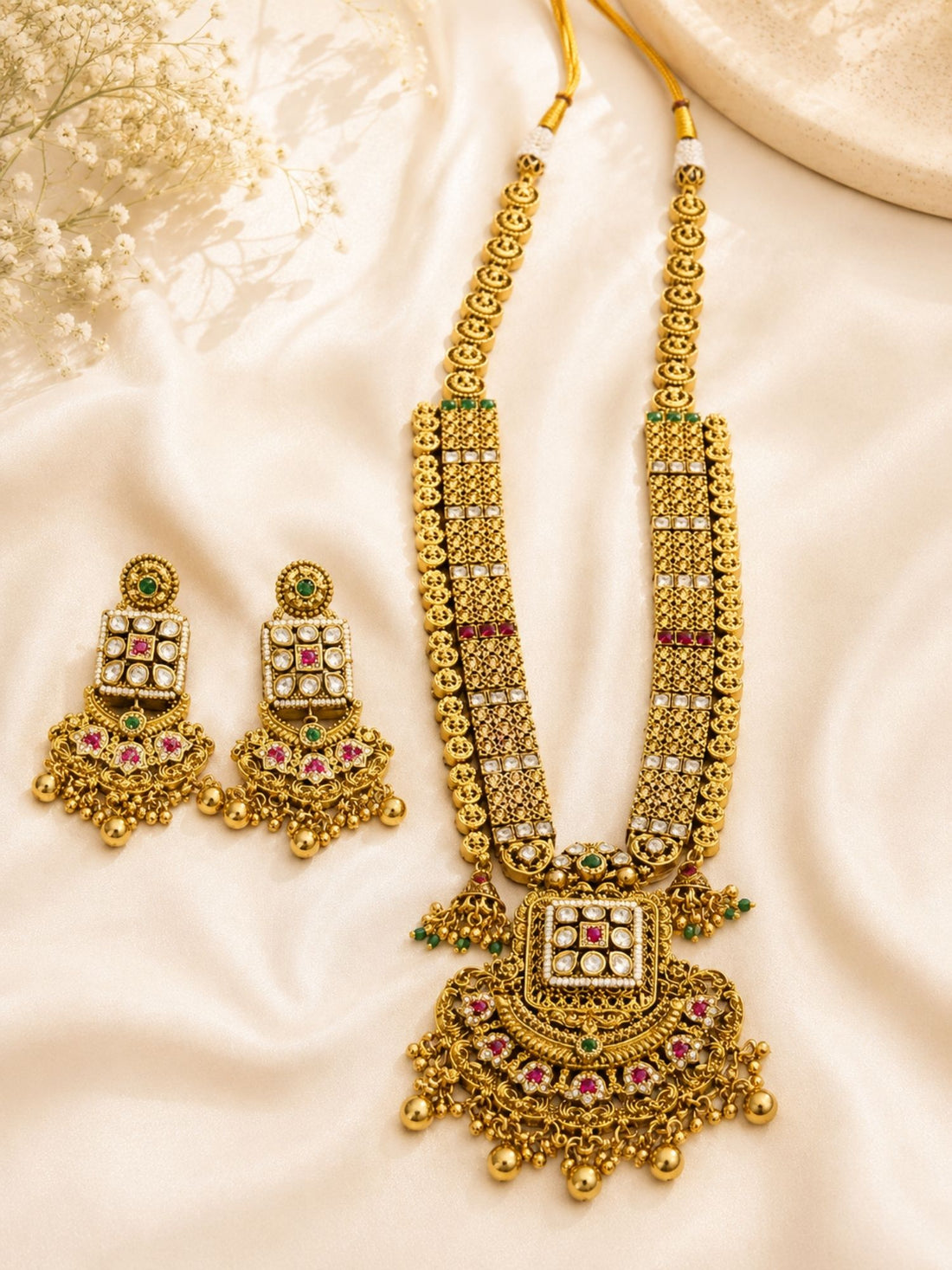 Gold Multicolour Ruby Green Stones Kundan Long Necklace Set  | Abdesigns