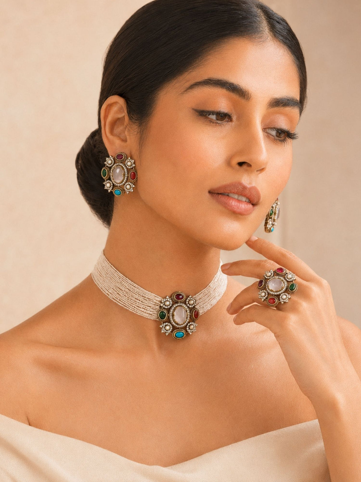 Victorian Choker Set Multicolor Gold Plated Combo | Abdesigns Jewellery