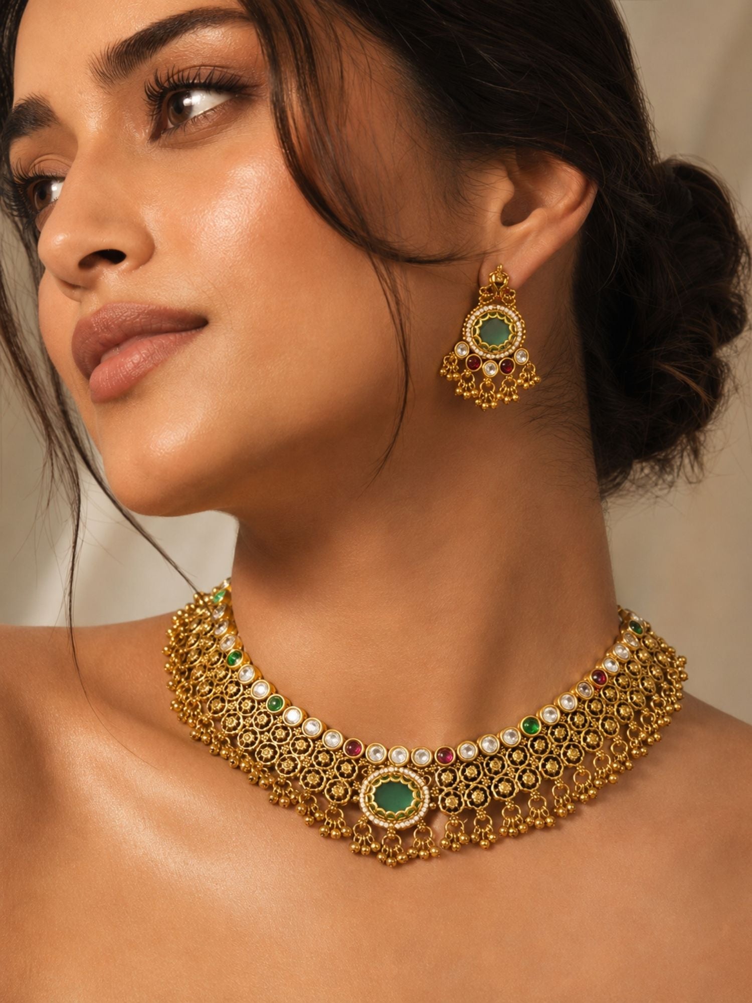 Green Stone Choker Necklace Set in Gold Plating – Bridal | Abdesigns