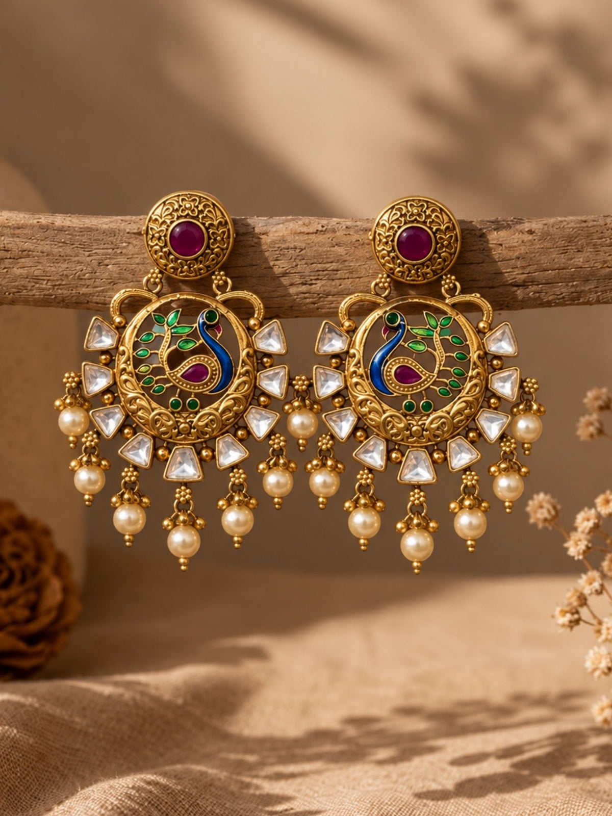 Gold Plated Meenakari Kundan Pearl Peacock Statement Earrings for Women