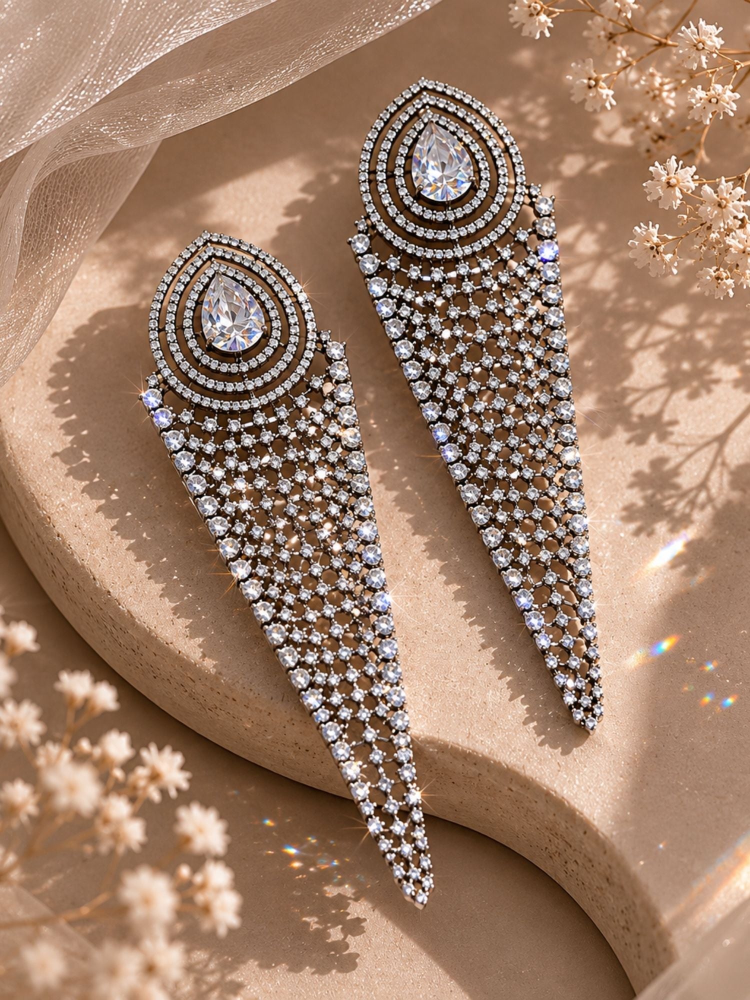 Silver CZ Long Statement Earrings – Diamond Look Party Wear - earrings by Abdesigns Jewellery