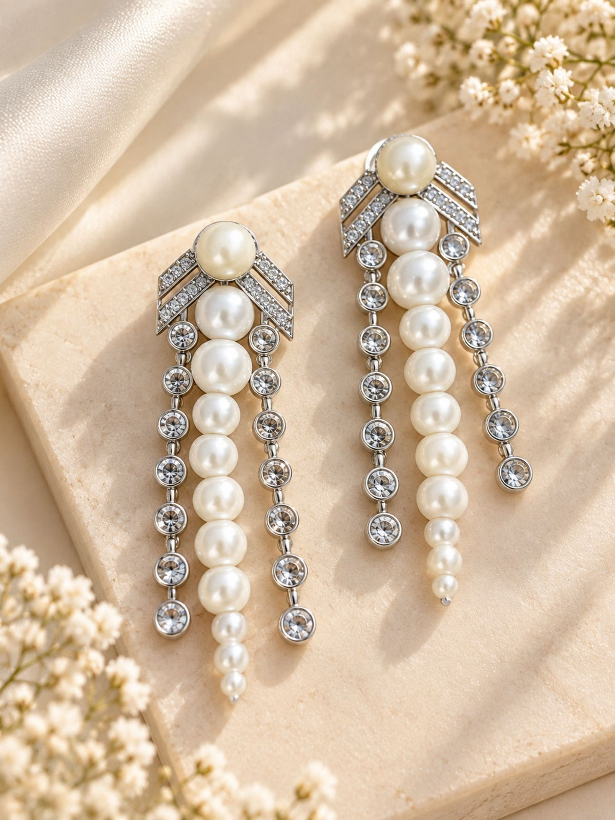 Silver Plated AD Stone Pearl Layered Mala Necklace Set | Abdesigns