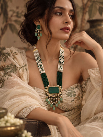 Green Kundan Pearl Beaded Mala Necklace Set | Abdesigns Jewellery