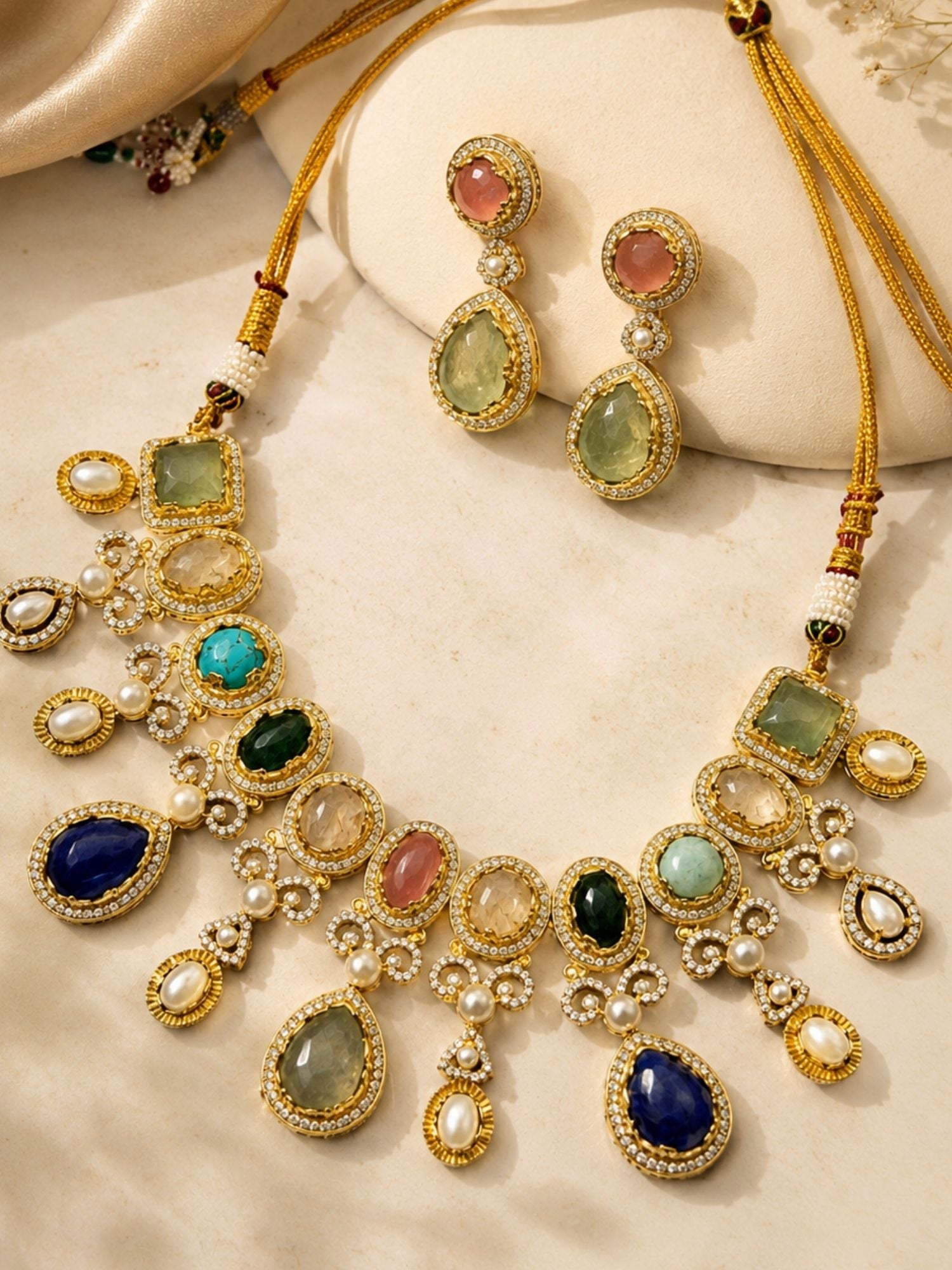 Navratna Necklace Set in Gold Plating – Festive Wear | Abdesigns