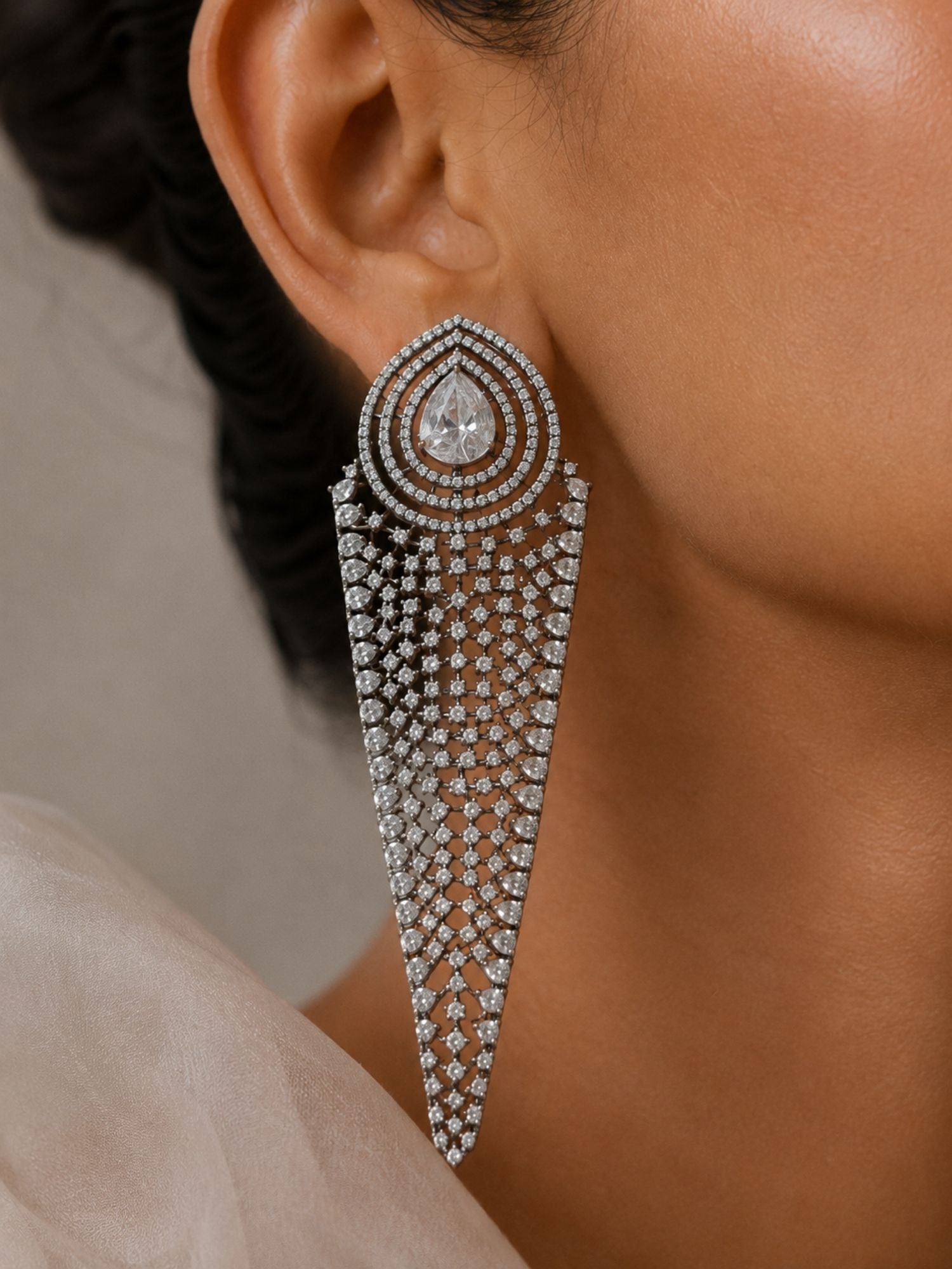 Silver CZ Long Statement Earrings – Diamond Look Party Wear - earrings by Abdesigns Jewellery