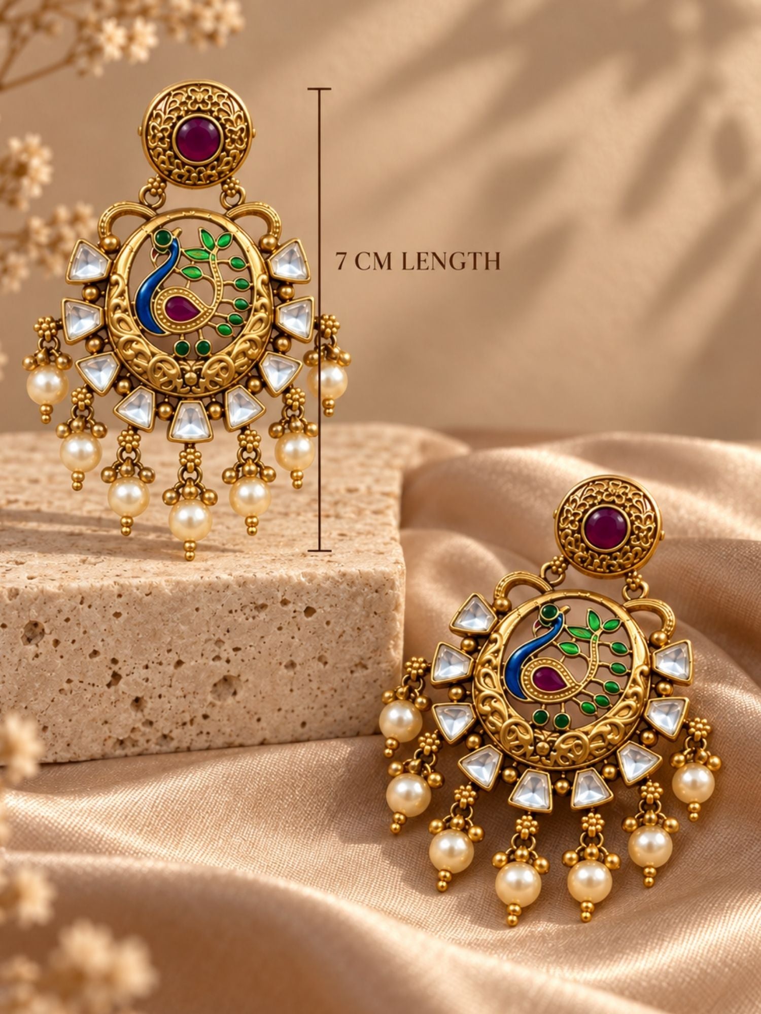 Gold Plated Meenakari Kundan Pearl Peacock Statement Earrings for Women