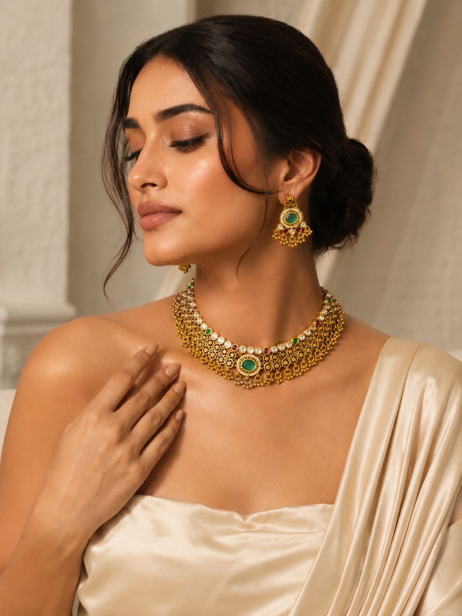 Green Stone Choker Necklace Set in Gold Plating – Bridal | Abdesigns