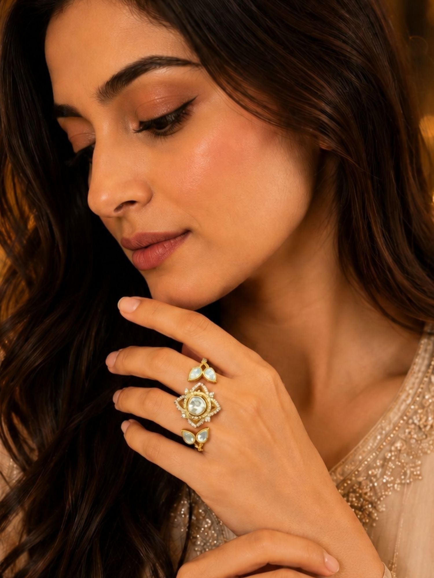 Polki Diamond Kundan Double Finger Ring in Gold Plating Festive | Abdesigns