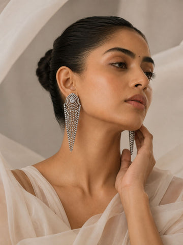 Silver CZ Long Statement Earrings – Diamond Look Party Wear - earrings by Abdesigns Jewellery