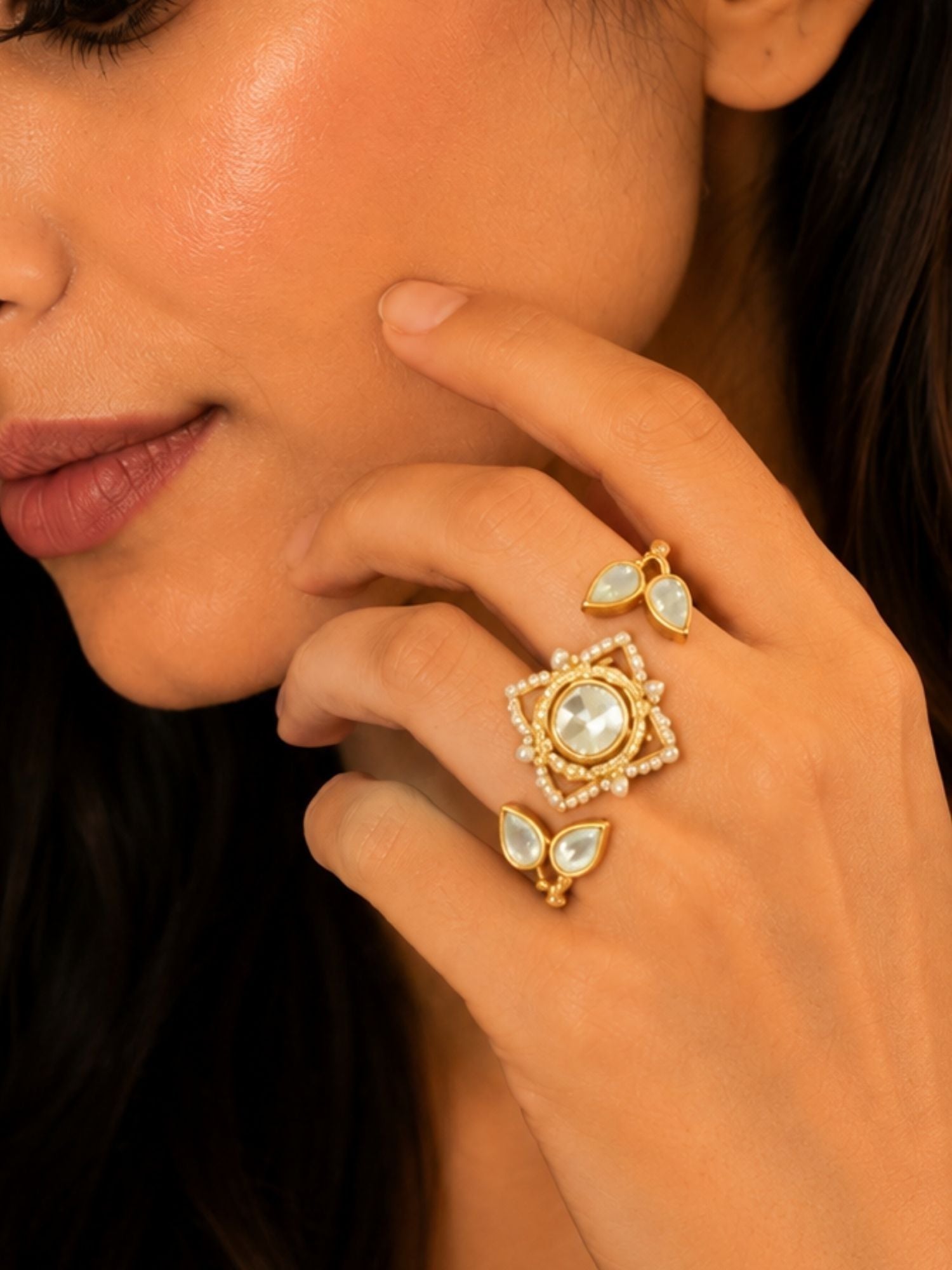 Polki Diamond Kundan Double Finger Ring in Gold Plating Festive | Abdesigns