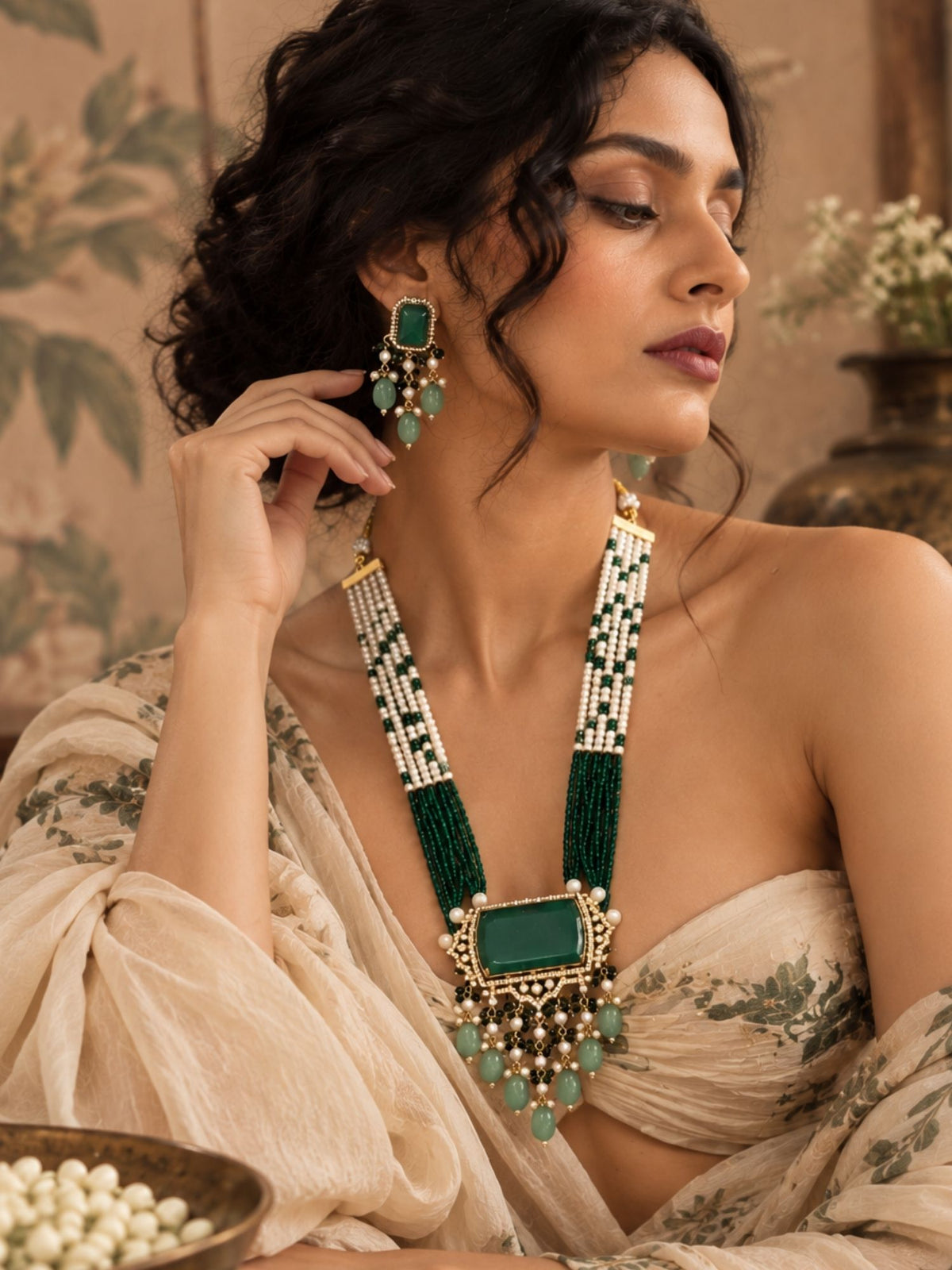 Green Kundan Pearl Beaded Mala Necklace Set | Abdesigns Jewellery