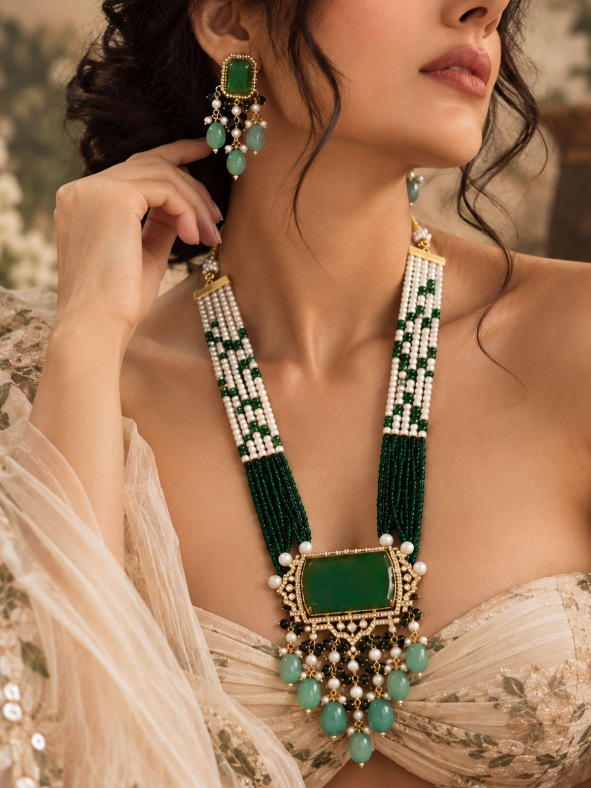 Green Kundan Pearl Beaded Mala Necklace Set | Abdesigns Jewellery