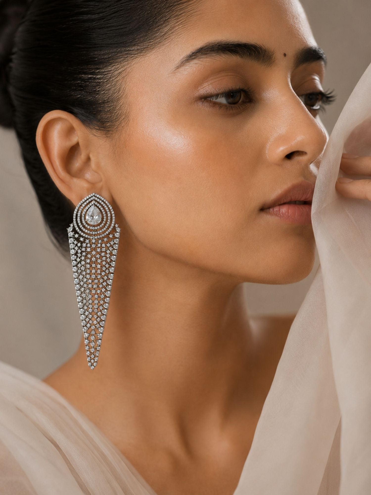 Silver CZ Long Statement Earrings – Diamond Look Party Wear - earrings by Abdesigns Jewellery