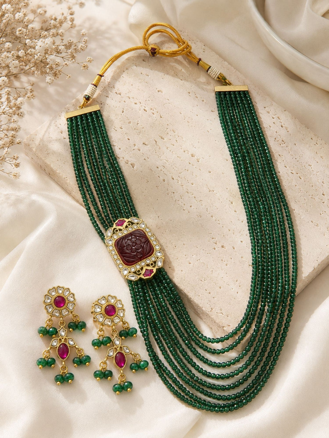 Gold Plated Green Beaded Kundan Mala Necklace Set with Earrings