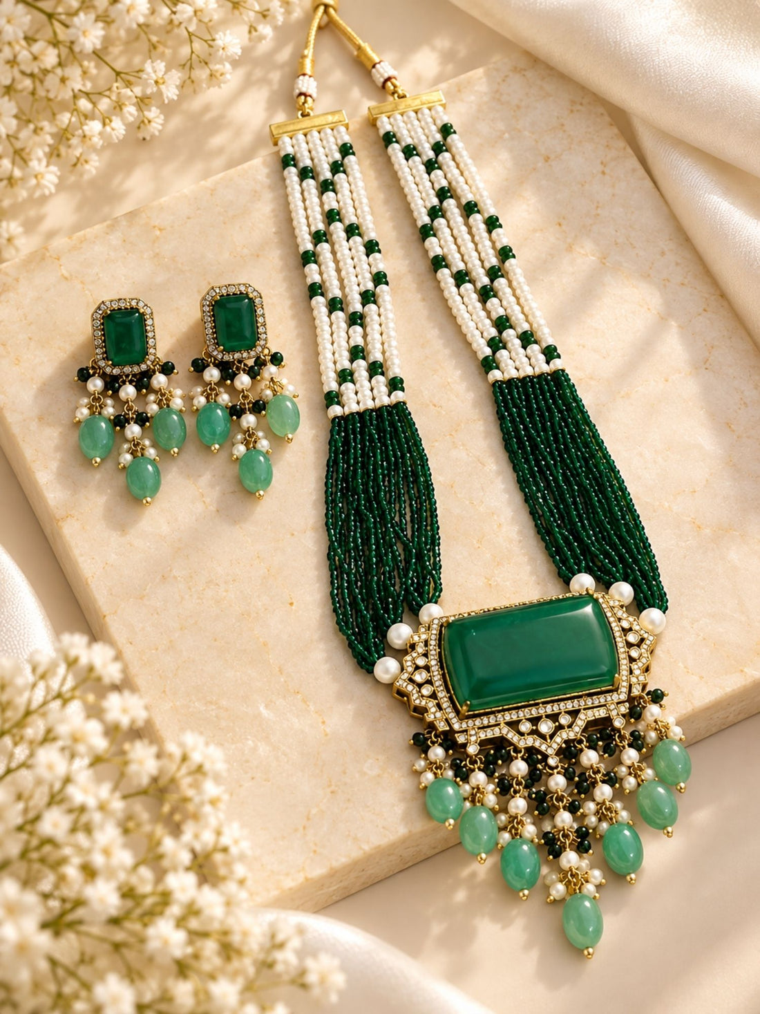 Green Kundan Pearl Beaded Mala Necklace Set | Abdesigns Jewellery