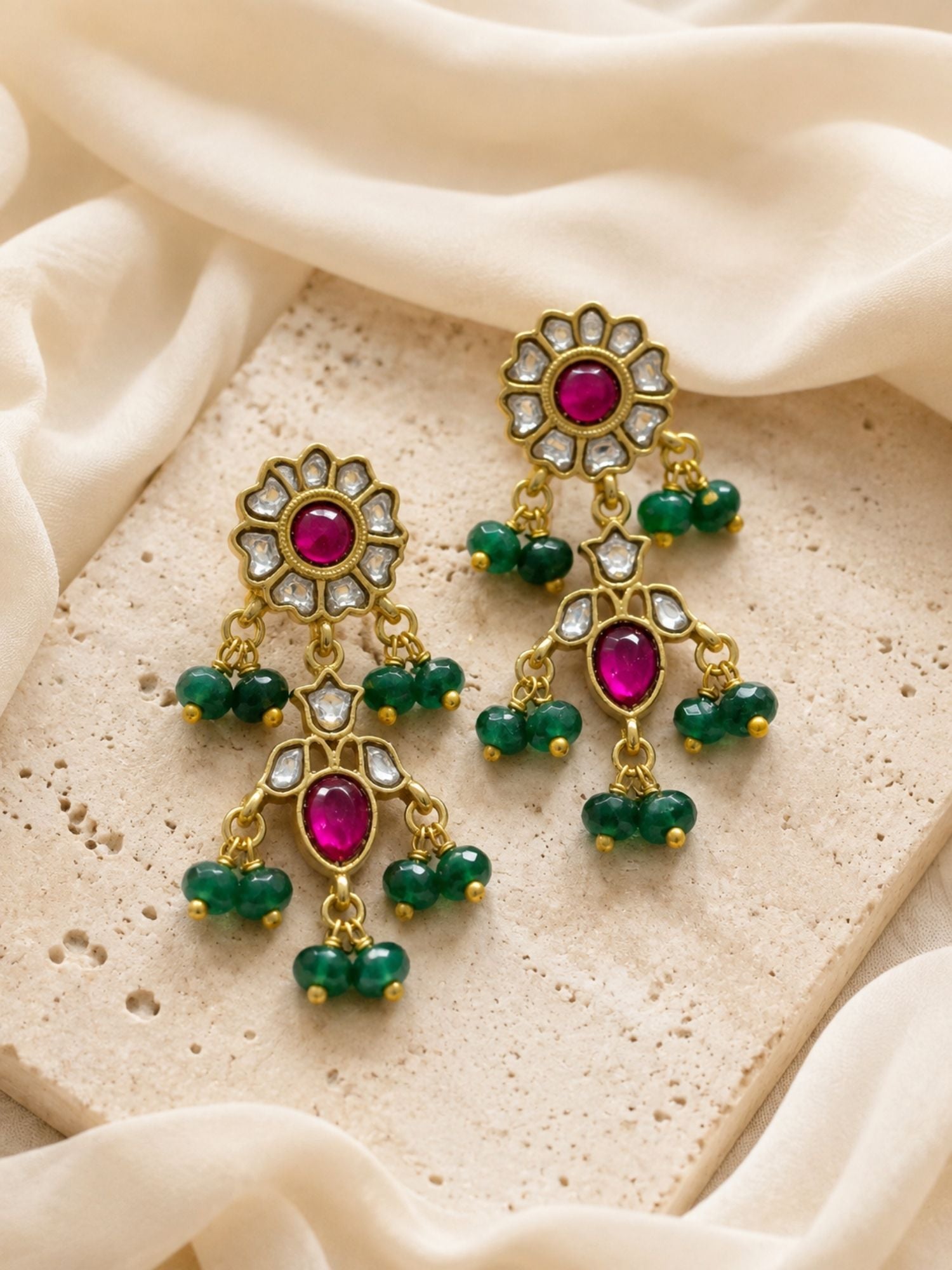 Gold Plated Green Beaded Kundan Mala Necklace Set with Earrings