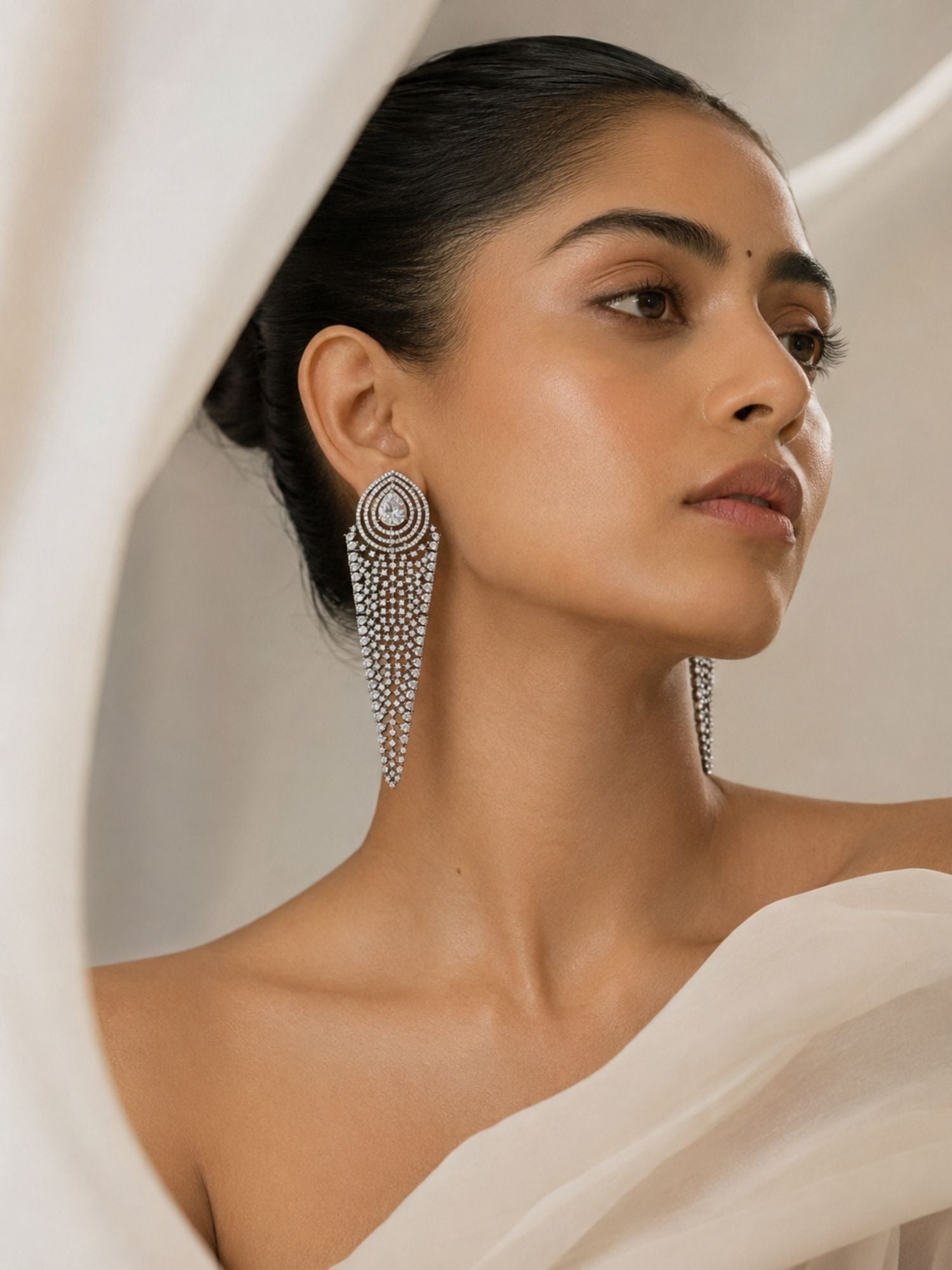 Silver CZ Long Statement Earrings – Diamond Look Party Wear - earrings by Abdesigns Jewellery