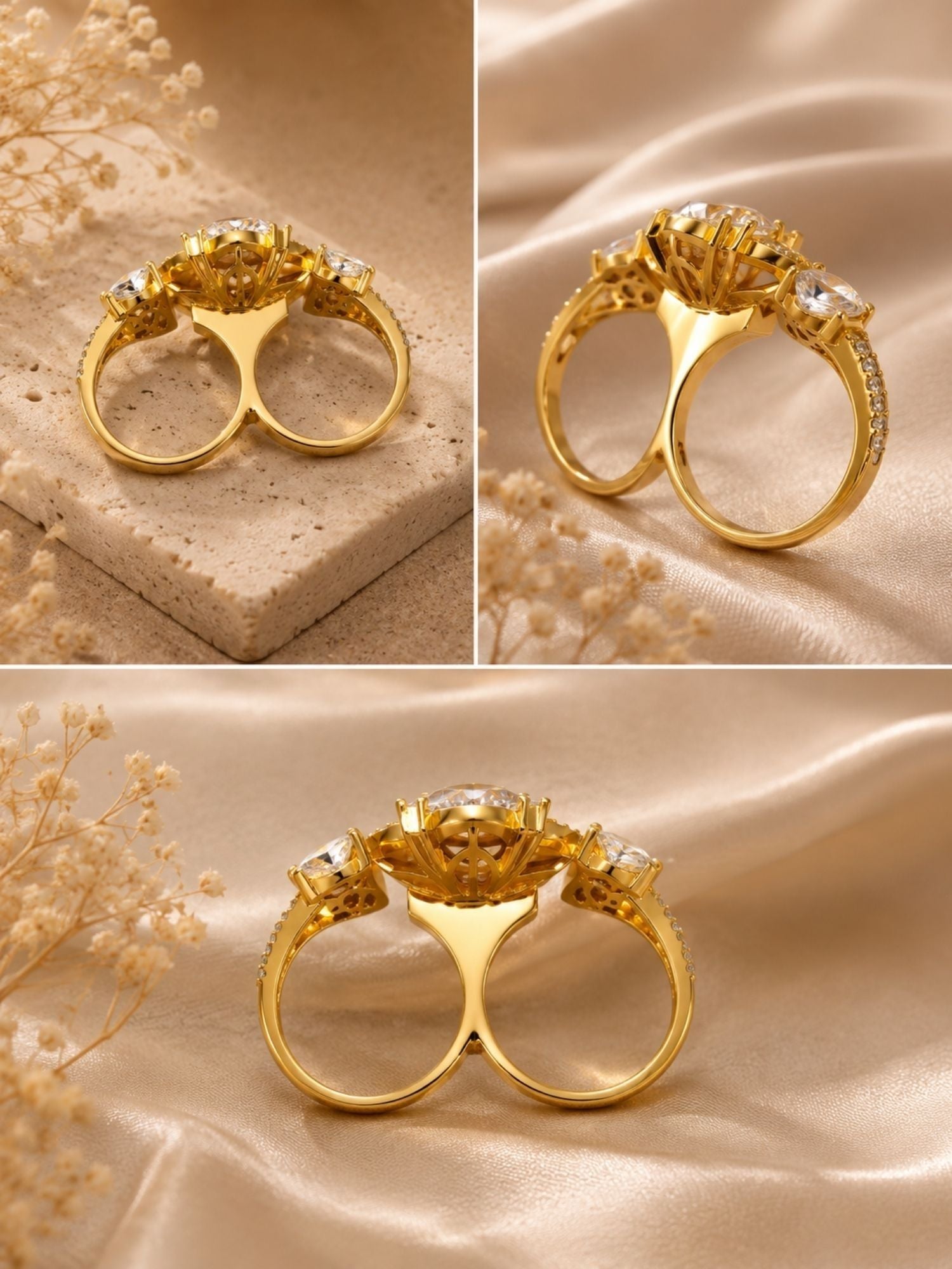 Polki Diamond Kundan Double Finger Ring in Gold Plating Festive | Abdesigns