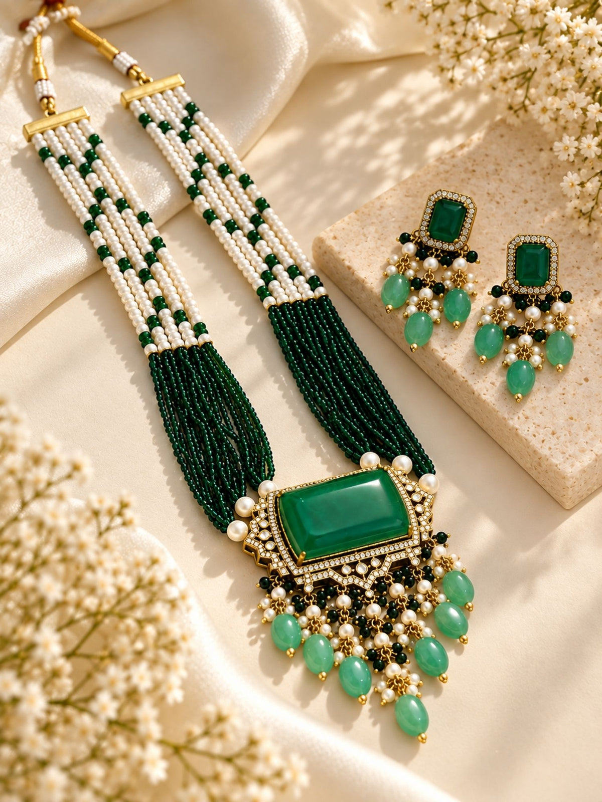 Green Kundan Pearl Beaded Mala Necklace Set | Abdesigns Jewellery