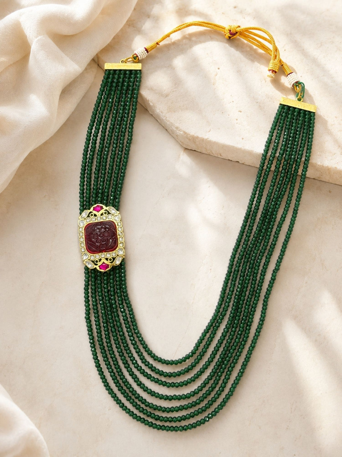 Gold Plated Green Beaded Kundan Mala Necklace Set with Earrings