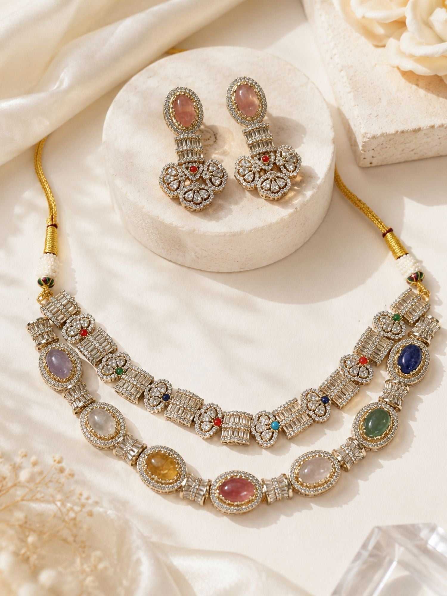 Navratna Layered Necklace Set in Gold Plating – Festive Wear | Abdesigns