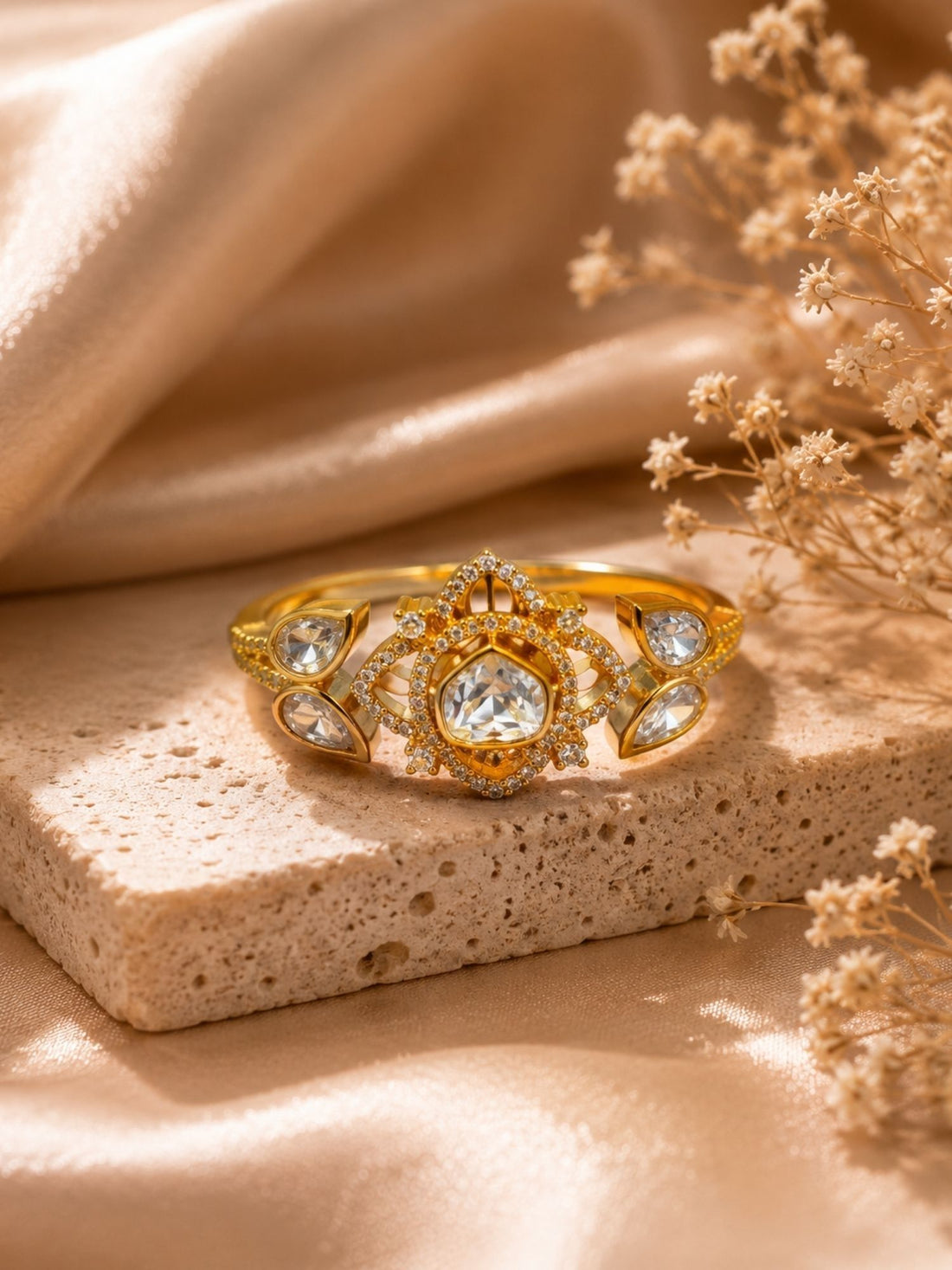 Polki Diamond Kundan Double Finger Ring in Gold Plating Festive | Abdesigns