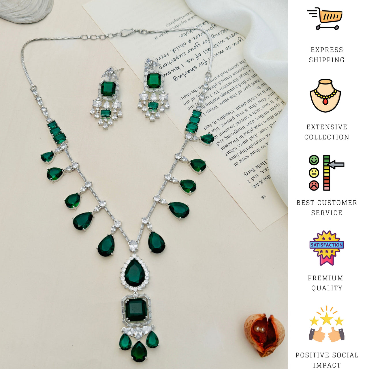 Timeless Silver Plated Emerald American Diamond Necklace Set