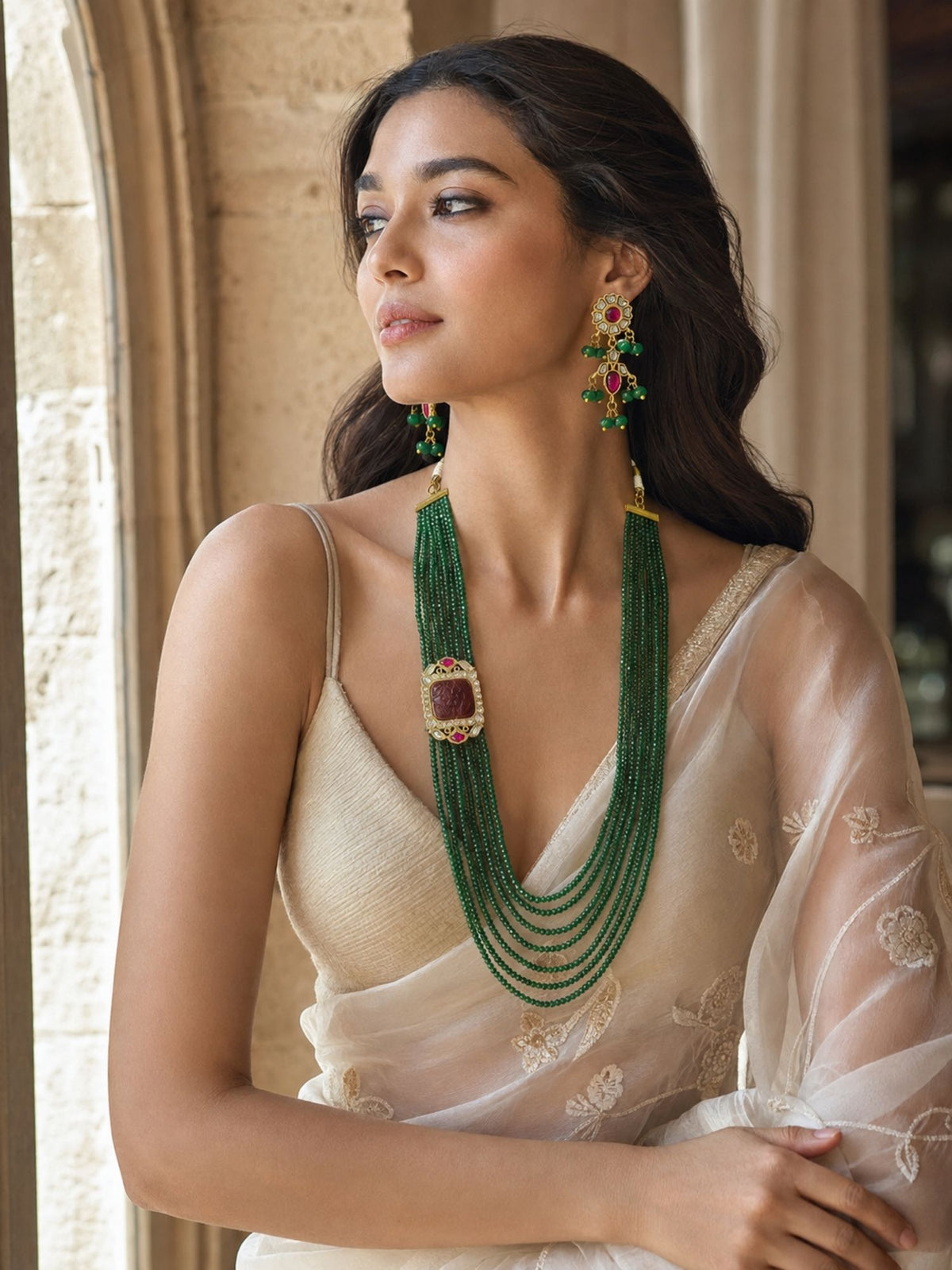 Gold Plated Green Beaded Kundan Mala Necklace Set with Earrings