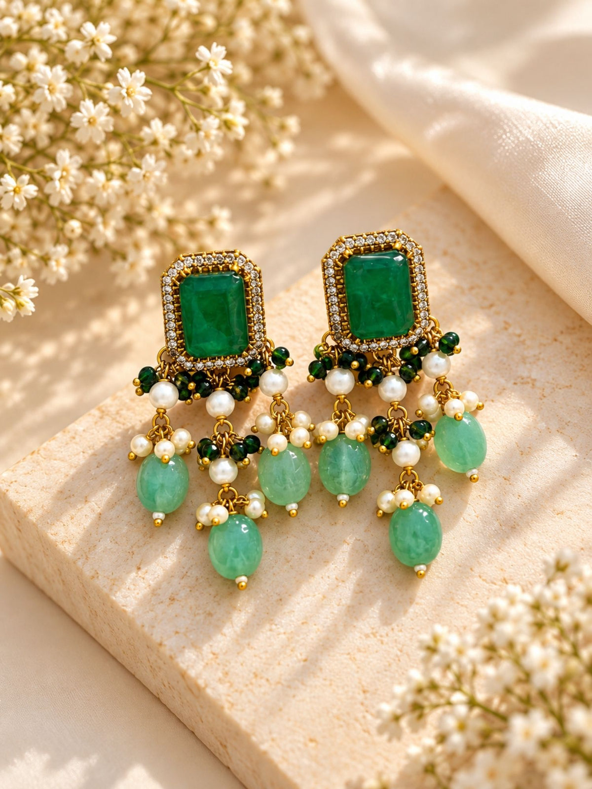 Green Kundan Pearl Beaded Mala Necklace Set | Abdesigns Jewellery
